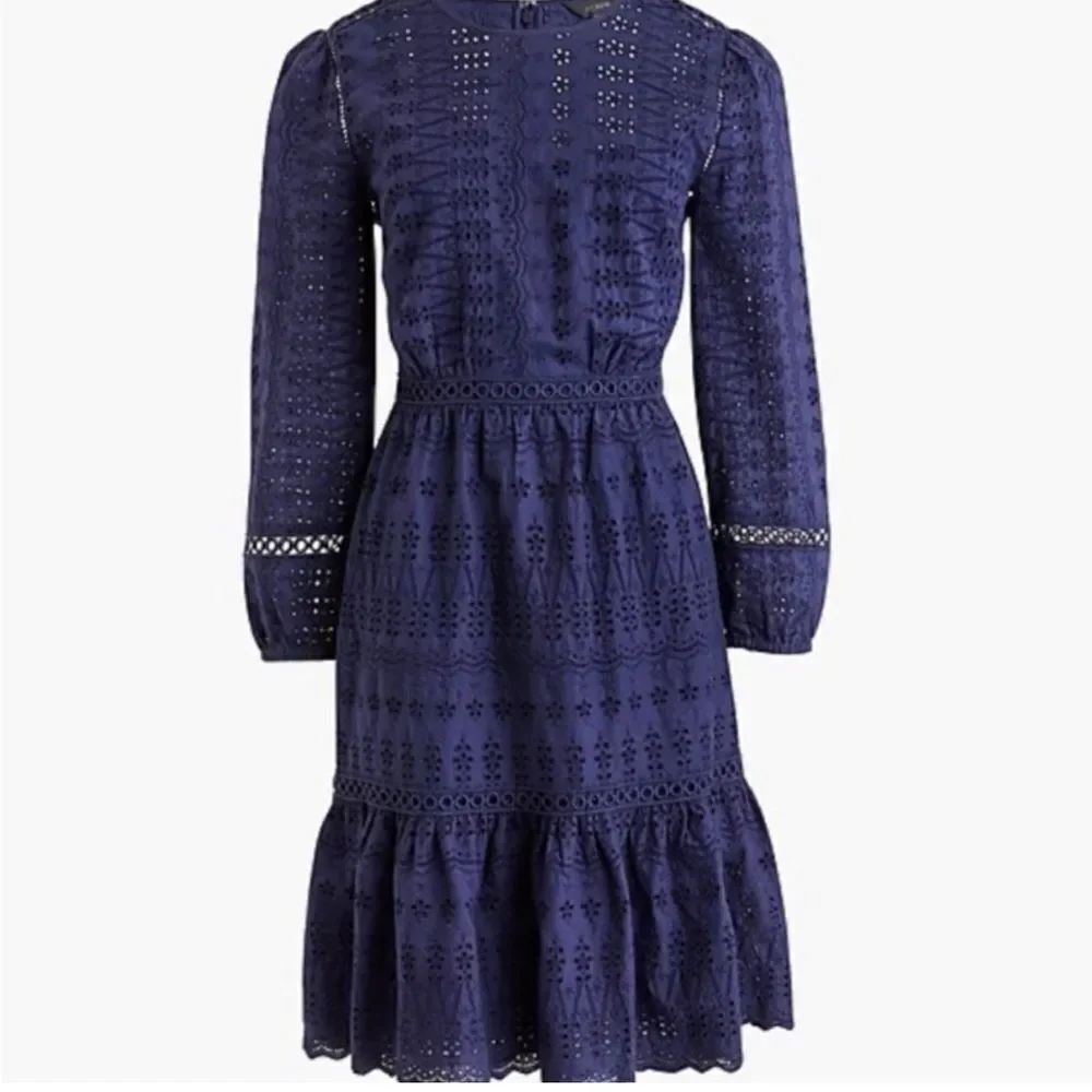 J. Crew Navy Blue Eyelet Fit And Flare Long Sleeve Dress Size 00